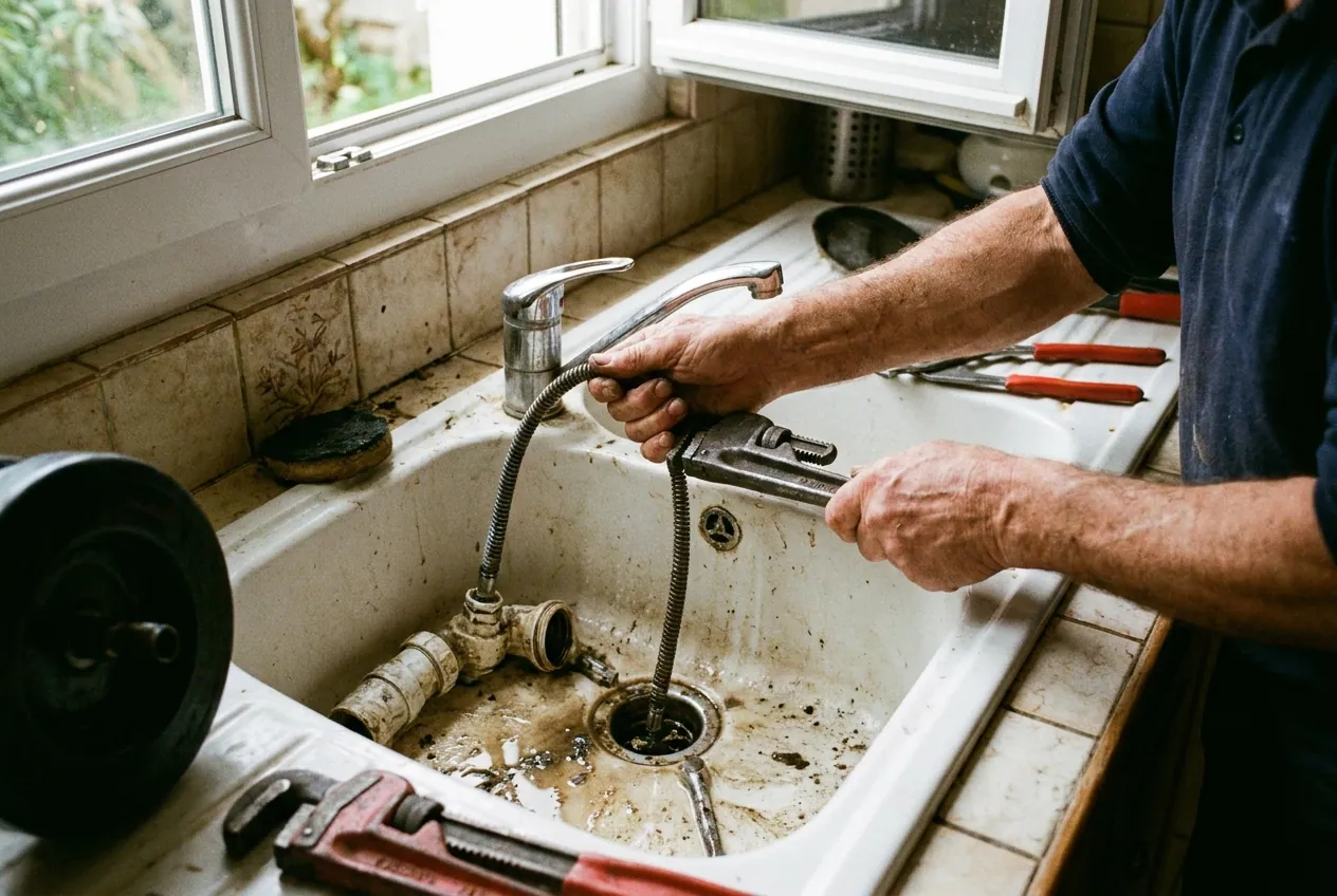 Plombier débouchant une canalisation d'évier à Morsang-sur-Orge