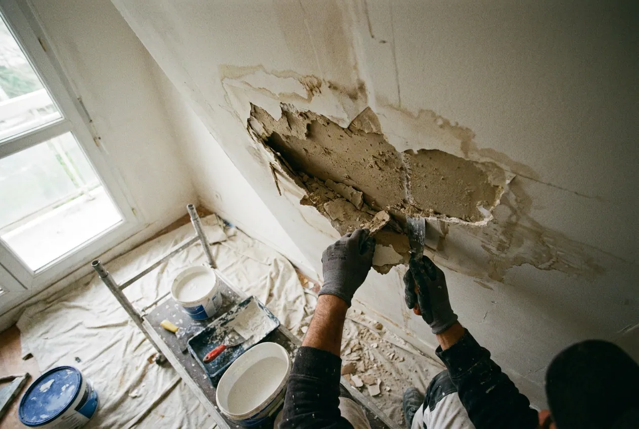 Plafond taché par un dégât des eaux dans une copropriété de Morsang-sur-Orge