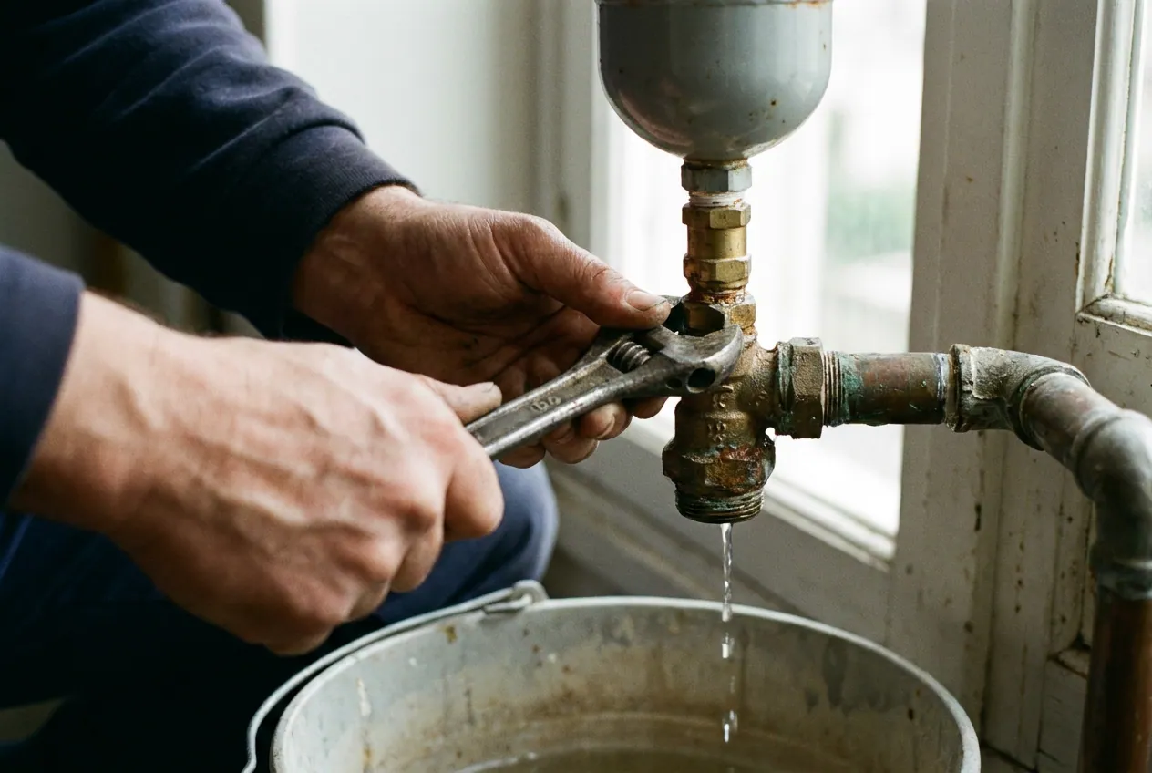Plombier contrôlant un groupe de sécurité de chauffe-eau à Morsang-sur-Orge