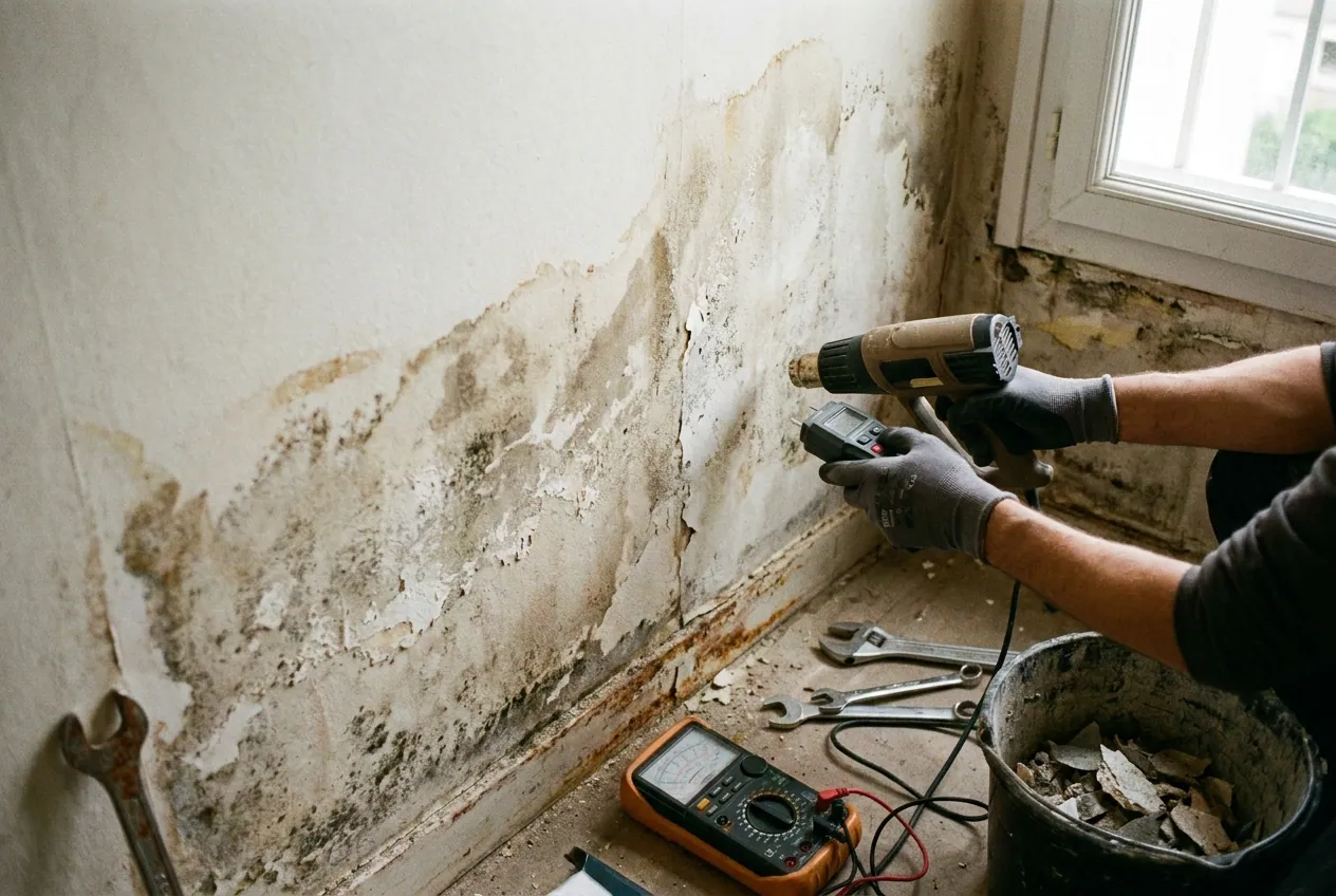 Trace d'humidité sur un mur, fuite d'eau dans un pavillon de Morsang-sur-Orge